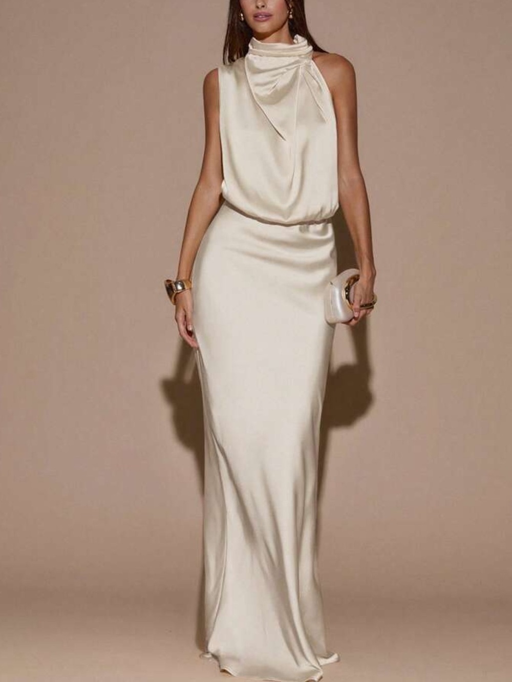 Elegant Satin Halter Evening Dress in Apricot